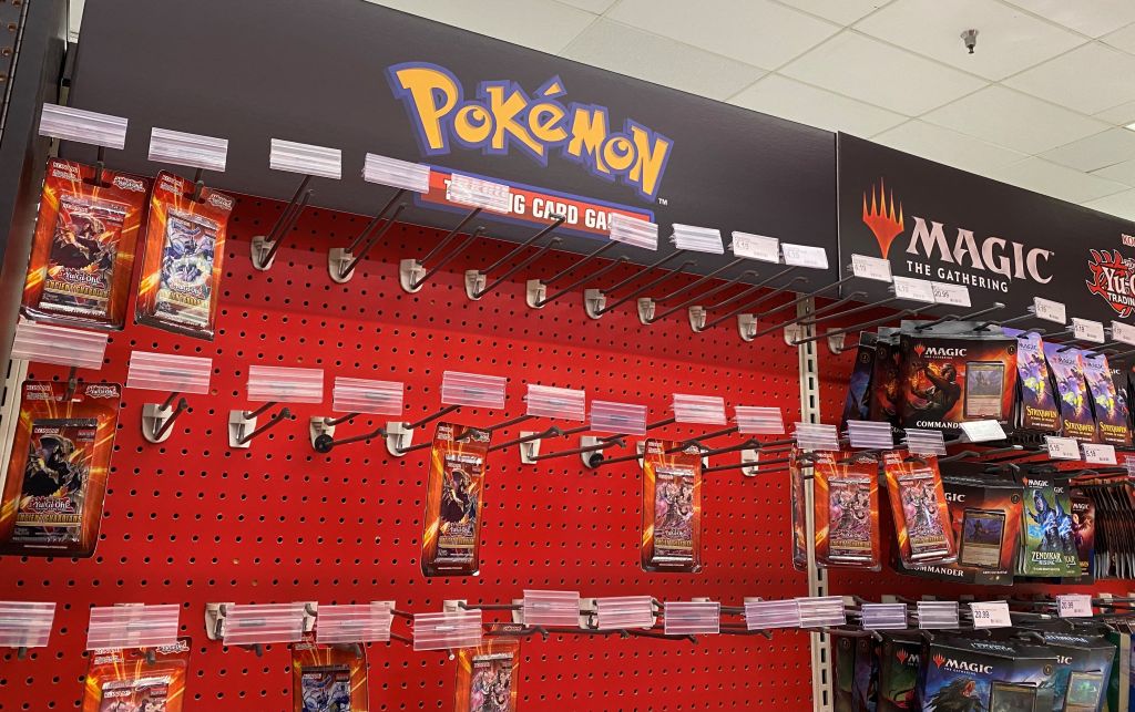 Pokemon trading cards are diplayed on shelves at a local Target store in Los Angeles, California on May 14, 2021. - US retail giant Target announced Friday it was suspending sales of Pokemon and other trading cards amid concerns that a buying frenzy is threatening the safety of shoppers and staff. 