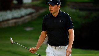 FORT WORTH, TEXAS – MAY 28: Jordan Spieth walks on the 18th hole green during the second round of the Charles Schwab Challenge at Colonial Country Club on May 28, 2021 in Fort Worth, Texas. (Photo by Tom Pennington/Getty Images)