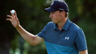 Jordan Spieth reacts after making a birdie putt on the 18th hole during the third round of the Charles Schwab Challenge at Colonial Country Club on May 29, 2021 in Fort Worth, Texas.