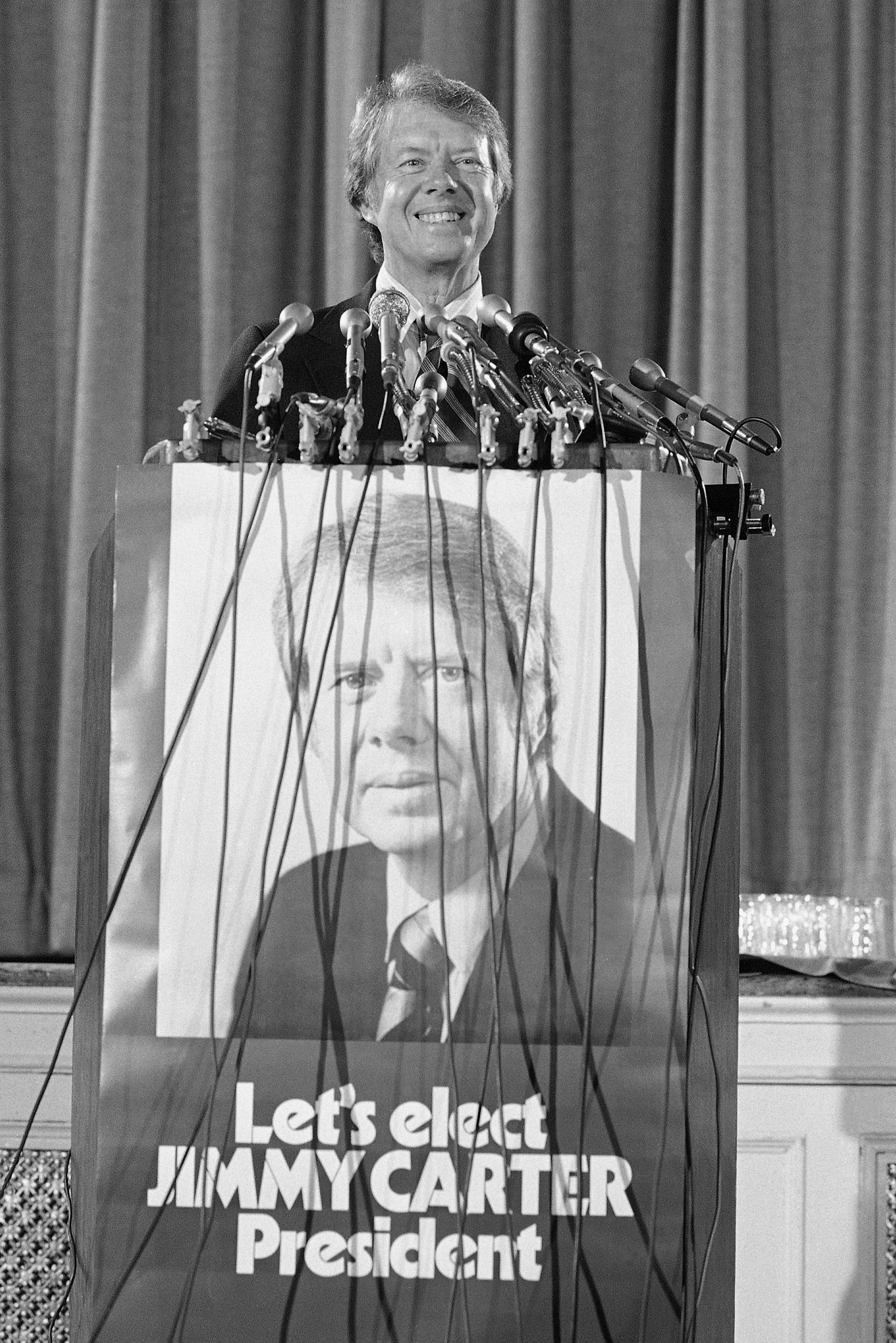 Former Georgia Gov. Jimmy Carter announces his qualification for federal matching funds to help finance his campaign for the 1976 Democratic presidential nomination, Aug. 14, 1975, in Washington, D.C.