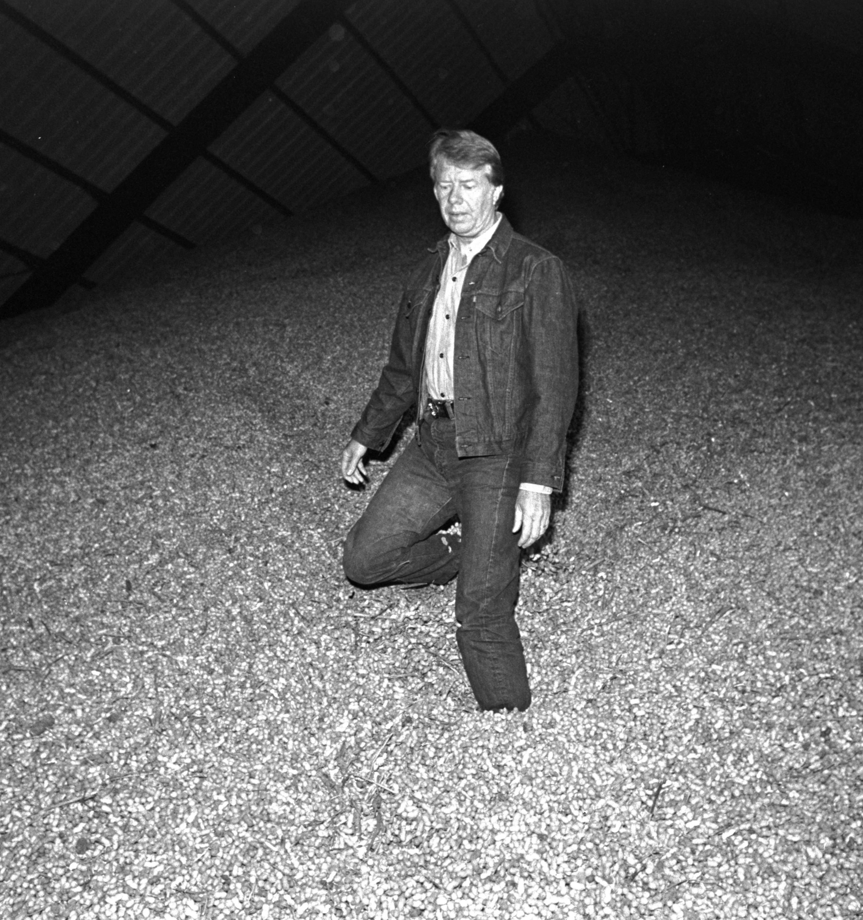 Jimmy Carter stands in a large mound of peanuts at the Carter Peanut Warehouse in Plains, Georgia, Sept. 22, 1976.