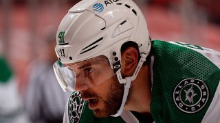 Tyler Seguin #91 of the Dallas Stars gets set for a face against the Florida Panthers at the BB&T Center on May 3, 2021 in Sunrise, Florida.