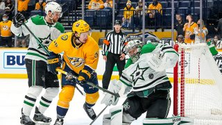 Anton Khudobin #35 of the Dallas Stars makes the save against Erik Haula #56 of the Nashville Predators during the second period at Bridgestone Arena on May 1, 2021 in Nashville, Tennessee.