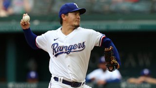 Kohei Arihara #35 of the Texas Rangers pitches in the first inning against the Seattle Mariners at Globe Life Field on May 8, 2021 in Arlington, Texas.