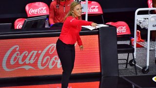 Head coach Nicki Collen of the Atlanta Dream gestures to players during a game against the Chicago Sky at Feld Entertainment Center on Sept. 9, 2020 in Palmetto, Florida.