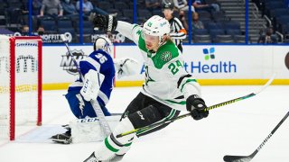 Roope Hintz #24 of the Dallas Stars celebrates a goal against the Tampa Bay Lightning during the second period at Amalie Arena on May 7, 2021 in Tampa, Florida.