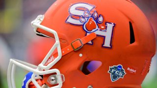 FILE: A Sam Houston State Bearkats helmet awaits the next series of downs during the Battle of the Piney Woods football game between Stephen F. Austin Lumberjacks and the Sam Houston State Bearkats on Oct. 7, 2017 at NRG Stadium in Houston, Texas.