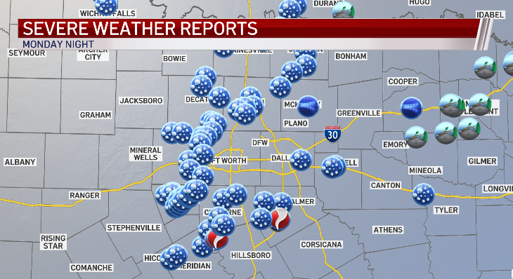 Severe weather reports from Monday evening, including tornadoes in Blum and Forreston.