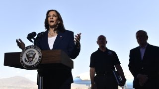 Secretary Of Homeland Security Alejandro Mayorkas (2nd-R) and Senator Dick Durbin (D-IL)(R) listen as US Vice President Kamala Harris speaks during a press conference at El Paso International Airport, on June 25, 2021 in El Paso, Texas.