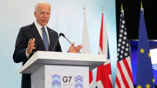 President Joe Biden speaks during a news conference after attending the G-7 summit