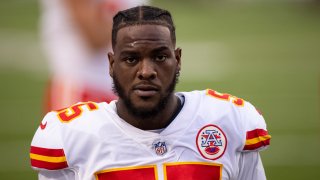 Kansas City Chiefs defensive end Frank Clark (55) walks on the sideline before an NFL football game against the Buffalo Bills, Monday, Oct. 19, 2020, in Orchard Park, N.Y.