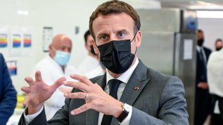 French President Emmanuel Macron talks to journalists Tuesday June 8, 2021 at the Hospitality school in Tain-l'Hermitage, southeastern France. French President Emmanuel Macron has been slapped in the face by a man during a visit in a small town of southeastern France, Macron's office confirmed.