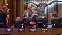 Fort Worth City Council member Dennis Shingleton, left, and Mayor Betsy Price, right, pose together at their final council meeting in office on Tuesday, June 8, 2021 in Fort Worth, Texas.