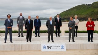 Leaders from left, Canadian Prime Minister Justin Trudeau, European Council President Charles Michel, U.S. President Joe Biden, Japan's Prime Minister Yoshihide Suga, British Prime Minister Boris Johnson, Italy's Prime Minister Mario Draghi, French President Emmanuel Macron, European Commission President Ursula von der Leyen and German Chancellor Angela Merkel.