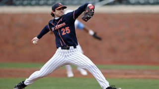 FILE: Griff McGarry #25 of Virginia throws a pitch during a game between Virginia and North Carolina at Boshamer Stadium on Feb. 27, 2021 in Chapel Hill, North Carolina.