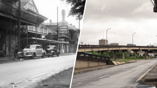 Split photos of North Claiborne and Ursunline Street in New Orleans taken decades apart.