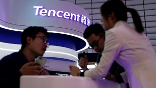 A Tencent sign at the World Internet Conference (WIC) in Wuzhen, China, October 20, 2019.
