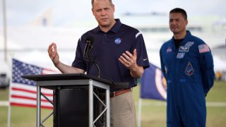 NASA Administrator Jim Bridenstine holds a pre-launch briefing at the Kennedy Space Center in Florida on May 29, 2020.