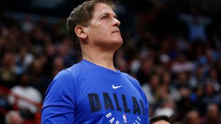 Owner Mark Cuban of the Dallas Mavericks reacts against the Miami Heat during the second half at American Airlines Arena on February 28, 2020 in Miami, Florida.