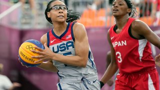 United States’ Allisha Gray heads to the basket past Japan’s Stephanie Mawuli (3) during a women’s 3-on-3 basketball game at the 2020 Summer Olympics, Tuesday, July 27, 2021, in Tokyo, Japan.