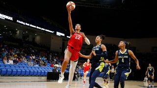 A'ja Wilson #22 of the Las Vegas Aces drives to the basket against the Dallas Wings on July 11, 2021 at the College Park Center in Arlington, Texas.