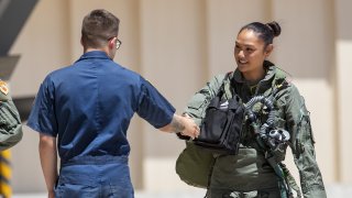 Monessa “Siren” Balzhiser, Lockheed Martin’s first F-35 female pilot, takes her first flight in the F-35 at Luke Air Force Base on June 7, 2021.