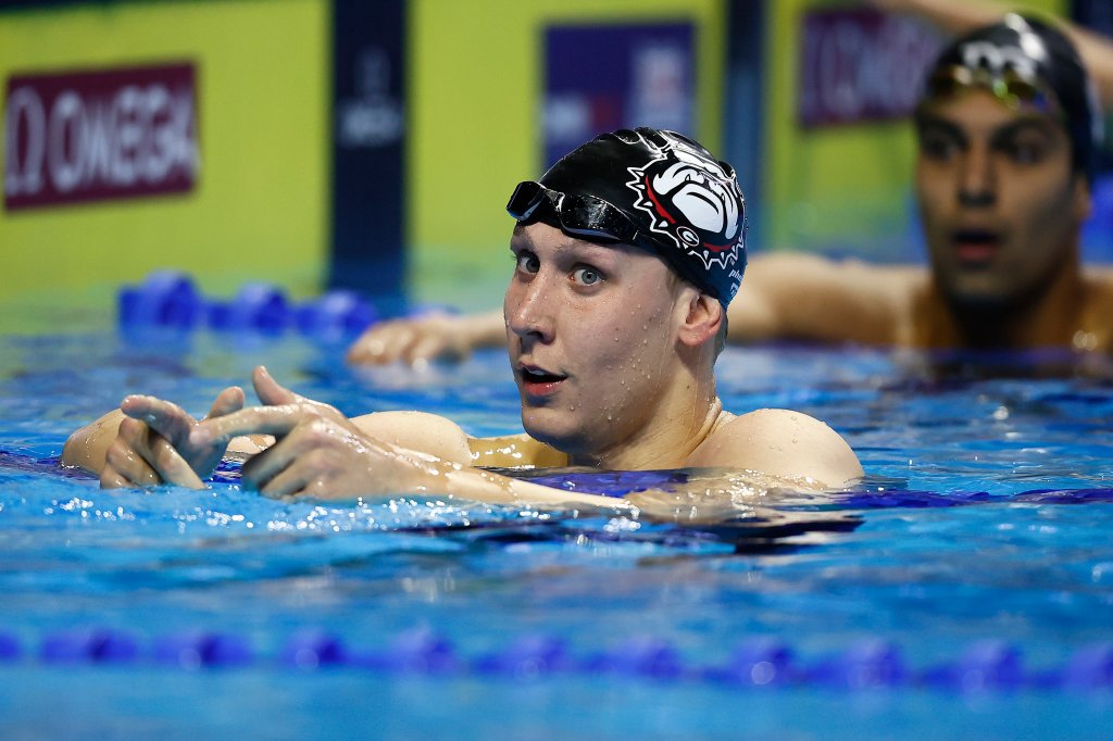 Chase Kalisz of the United States reacts after competing in a semifinal heat for the Men's 200m individual medley during Day Five of the 2021 U.S. Olympic Team Swimming Trials at CHI Health Center on June 17, 2021 in Omaha, Nebraska.