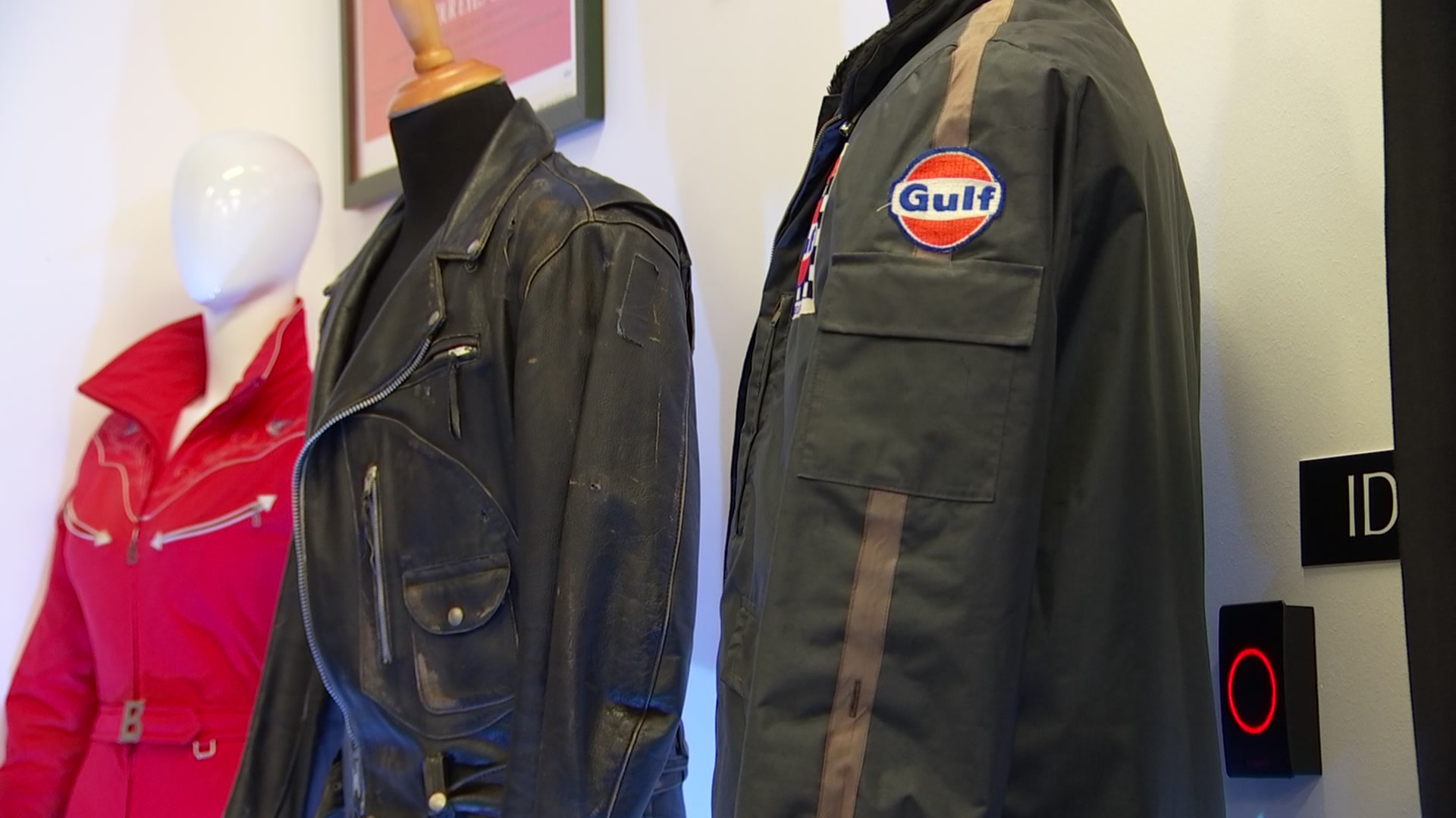 (left to right) Lynn-Holly Johnson’s ski suit worn by her character ‘Bibi Dahl’ in the James Bond film “For Your Eyes Only,” the signature leather jacket worn by Arnold Schwarzenegger in “Terminator 2: Judgment Day” and Team Gulf rain jacket worn by Steve McQueen’s character ‘Michael Delaney’ in the movie “Le Mans.”