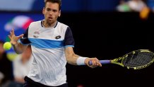 PERTH, AUSTRALIA - JANUARY 07: Austin Krajicek of Team USA plays a backhand in the doubles match against Simone Bolelli and Fabio Fognini of Team Italy during day five of the ATP Cup Group Stage at RAC Arena on January 07, 2020 in Perth, Australia. (Photo by Will Russell/Getty Images)