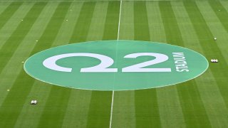 The Q2 logo sits at center field prior to MLS game between the Columbus Crew SC and Austin FC on June 27, 2021 at Q2 Stadium in Austin, TX.
