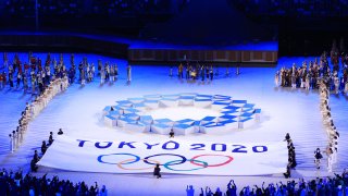 The Tokyo 2020 logo at the opening ceremony of the Tokyo 2020 Summer Olympic Games at the National Stadium.