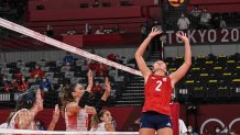 USA's Jordyn Poulter hits the ball in the women's preliminary round pool B volleyball match between USA and Turkey during the Tokyo 2020 Olympic Games at Ariake Arena in Tokyo, Japan on July 29, 2021.