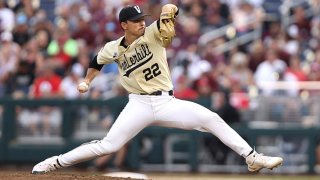 Jack Leiter #22 of the Vanderbilt Commodores pitches in the fourth inning during game one of the College World Series Championship against the Mississippi St. Bulldogs at TD Ameritrade Park Omaha on June 28, 2021 in Omaha, Nebraska.