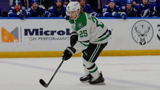 Dallas Stars left wing Joel Kiviranta (25) looks to shoot the puck during the NHL Hockey match between the Tampa Bay Lightning and Dallas Stars on May 5, 2021 at Amalie Arena in Tampa, Florida.