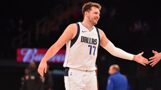 FILE: Luka Doncic #77 of the Dallas Mavericks reacts during a game against the New York Knicks on April 2, 2021 at Madison Square Garden in New York City, New York.