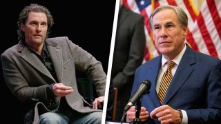 LEFT: Matthew McConaughey participates in a Q&A after a special screening of his new film "The Gentlemen" at Hogg Memorial Auditorium at The University of Texas at Austin on January 21, 2020 in Austin, Texas. RIGHT: Texas Governor Greg Abbott speaks at a press conference where Abbott signed Senate Bills 2 and 3 at the Capitol on June 8, 2021 in Austin, Texas.