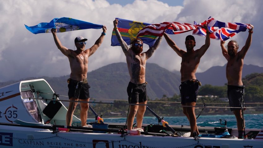 Jason Caldwell, Duncan Roy, Angus Collings and Jordan Shuttleworth arrive in Hawaii after rowing from San Francisco.