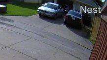 Video surveillance from a Nest camera mounted across the street from a home where a woman was shot and killed showed a black or dark-colored four-door vehicle behind the residence in the alley, police said.