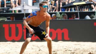 CHICAGO, ILLINOIS - SEPTEMBER 01: Taylor Crabb on the court during the finals at AVP Gold Series Championships against Phil Dalhausser and Nick Lucena at Oak Street Beach on September 01, 2019 in Chicago, Illinois.