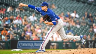 Kyle Gibson #44 of the Texas Rangers delivers a pitch against the Detroit Tigers at Comerica Park on July 19, 2021 in Detroit, Michigan.