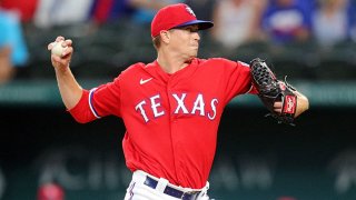 Kyle Gibson #44 of the Texas Rangers pitches against the Tampa Bay Rays at Globe Life Field on June 4, 2021 in Arlington, Texas.