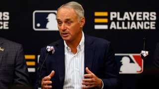 Commissioner of Baseball Robert D. Manfred Jr. speaks during a press conference announcing a partnership with the Players Alliance during the Gatorade All-Star Workout Day at Coors Field on July 12, 2021 in Denver, Colorado.