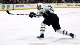 Sergei Zubov #56 of the Dallas Stars follows through on his shot from the left wing during their NHL game against the Anaheim Ducks at the Honda Center on November 7, 2008 in Anaheim, California. The Stars defeated the Ducks 5-2.