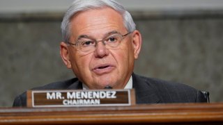U.S. Senator Robert Menendez (D-NJ) questions Zalmay Khalilzad, special envoy for Afghanistan Reconciliation, during a Senate Foreign Relations Committee hearing on Capitol Hill in Washington, April 27, 2021.