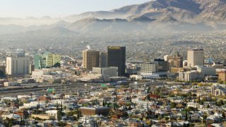 Panoramic view of skyline and downtown El Paso Texas looking toward Juarez, Mexico.