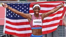 Silver medallist USA's Kendra Harrison celebrates after the women's 100m hurdles final during the Tokyo 2020 Olympic Games at the Olympic Stadium in Tokyo on Aug. 2, 2021.