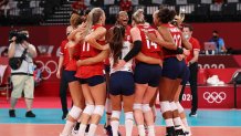 Team United States celebrates after defeating Team Italy during the Women's Preliminary - Pool B volleyball on day ten of the Tokyo 2020 Olympic Games at Ariake Arena on Aug. 2, 2021, in Tokyo, Japan.