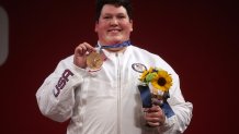 Bronze medalist Sarah Elizabeth Robles of Team United States poses with the bronze medal during the medal ceremony for the Weightlifting - Women's 87kg+ Group A on day 10 of the Tokyo 2020 Olympic Games at Tokyo International Forum on Aug. 2, 2021, in Tokyo, Japan.