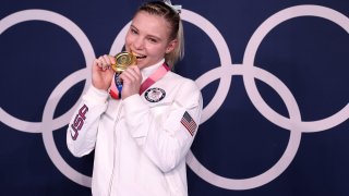 Gold Medalist Jade Carey of Team USA poses with her medal after winning the Women's Floor Final on day ten of the Tokyo 2020 Olympic Games at Ariake Gymnastics Centre on Aug. 2, 2021 in Tokyo, Japan.