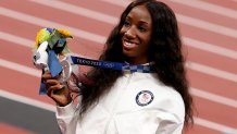 Silver Medalist Kendra Harrison of USA during the medal ceremony of the Women's 100-Meter Hurdles on day 10 of the athletics events of the Tokyo 2020 Olympic Games at Olympic Stadium on Aug. 2, 2021, in Tokyo, Japan.